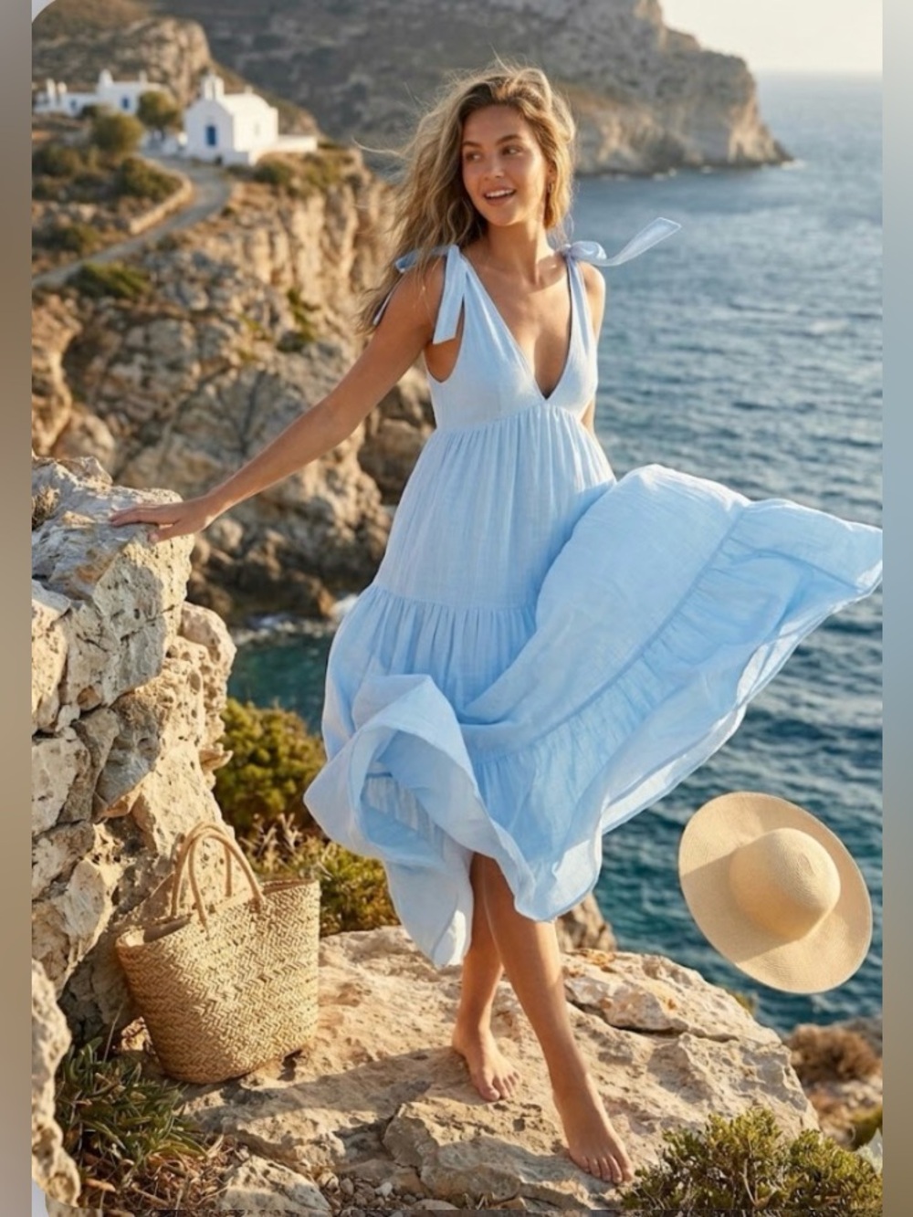 Italian Avita Sky Blue Tie-Shoulder Maxi Dress